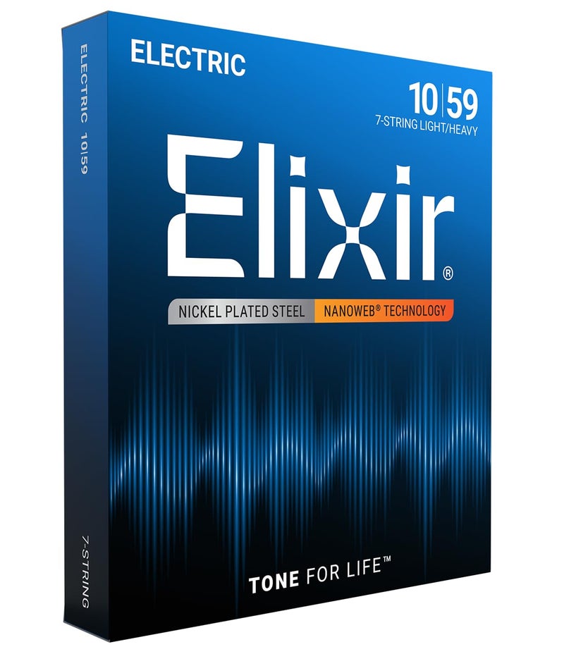 ELIXIR أوتار إليكسير، أوتار جيتار كهربائي، فولاذ مطلي بالنيكل مع تقنية NANOWEB، أطول مدة لسطوع الصوت مع شعور مريح، 7 أوتار خفيفة/ثقيلة 10-59 - Image 1